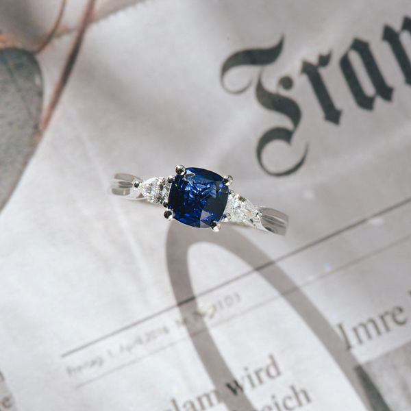 Square Cushion Blue Sapphire 3 Stone Engagement Ring With Pear -top