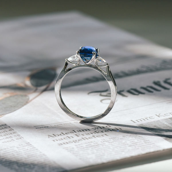 Square Cushion Blue Sapphire 3 Stone Engagement Ring With Pear -profile