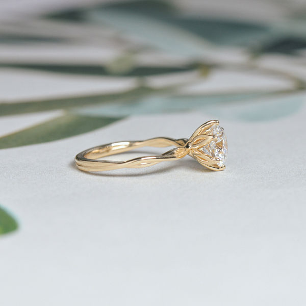 Subtle Twist Band Flower Petal Prong Round Engagement Ring-side