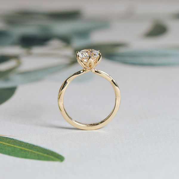 Subtle Twist Band Flower Petal Prong Round Engagement Ring-profile