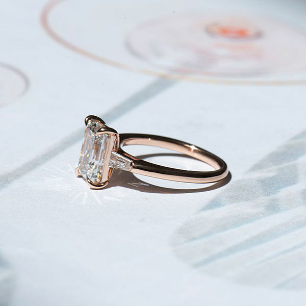 Emerald and Tapered Baguettes 3-Stone Engagement Ring-side