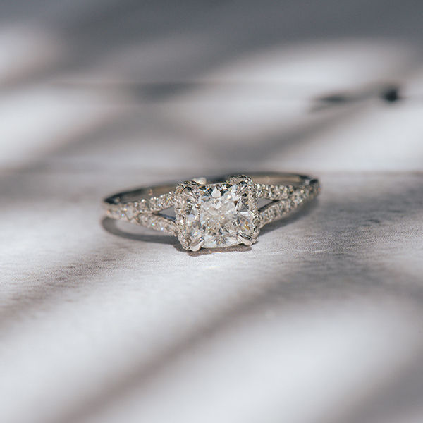 Cushion Engagement Ring With Collared Halo and Split Shank-top