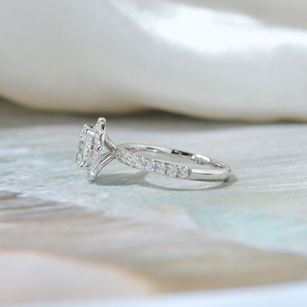 Cushion Halo Engagement Ring With Pavé Band-side