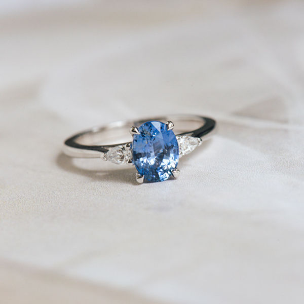 Oval Sapphire And Pear 3-Stone Engagement Ring -top