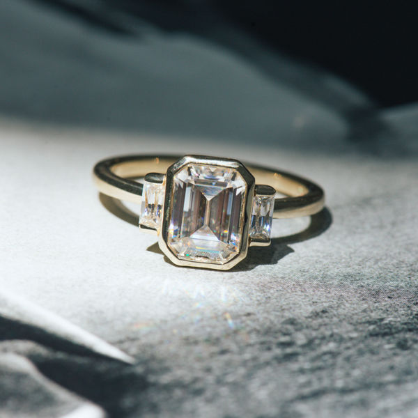 Bezel Set 3-Stone Emerald-Cut Engagement Ring Top