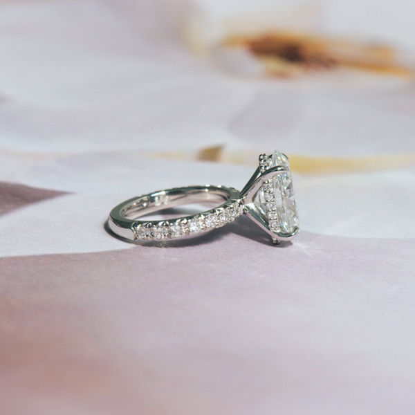French Pavé Oval Engagement With Hidden Halo Between Claws - Side