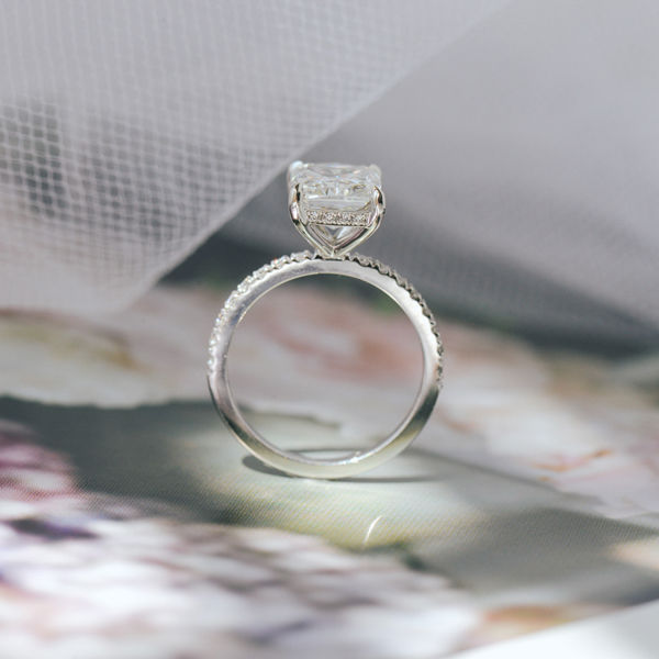 Radiant Engagement Ring With Hidden Halo Between The Claws - Profile