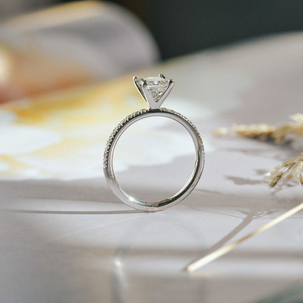 Classic Princess Engagement Ring With Pavé Band - Profile