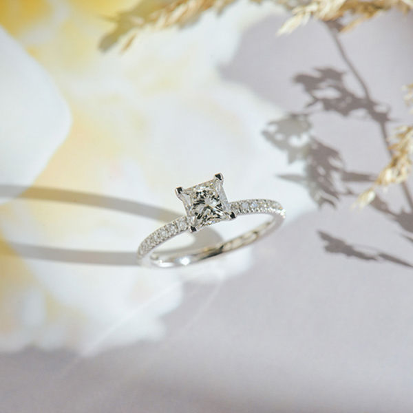 Classic Princess Engagement Ring With Pavé Band - Top