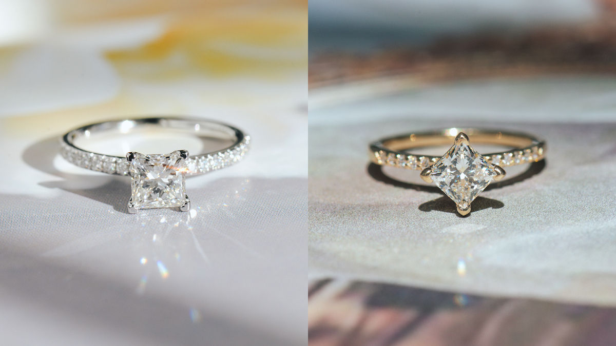 princess cut straight vs kite set engagement ring