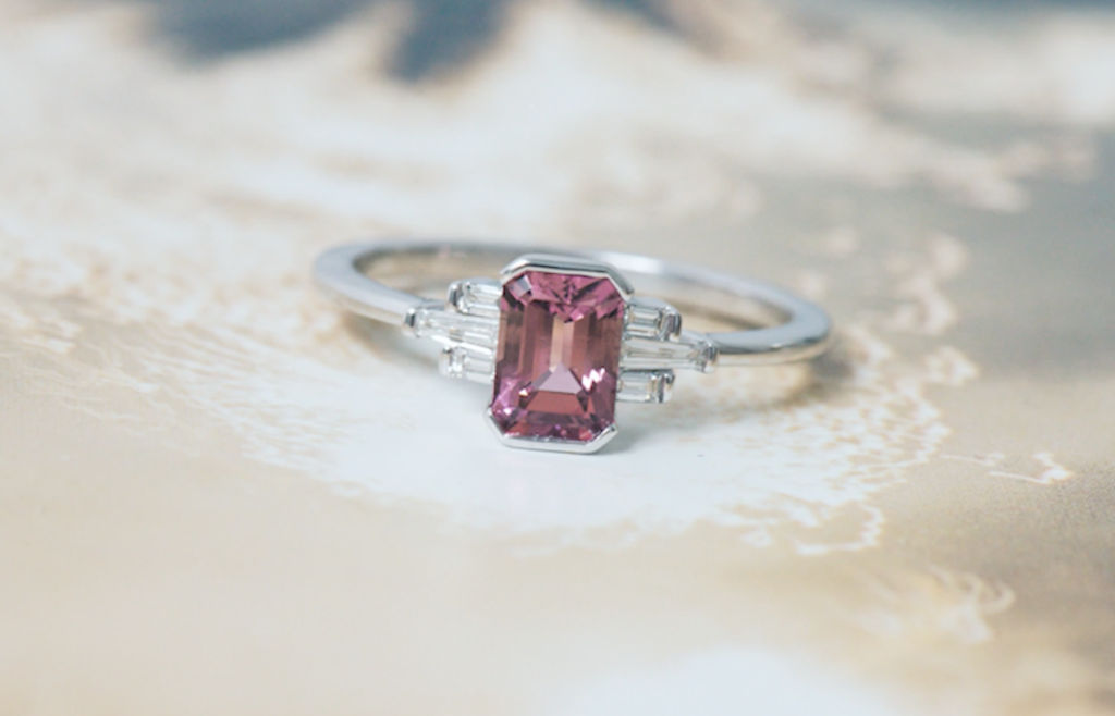 emerald cut pink tourmaline engagement ring