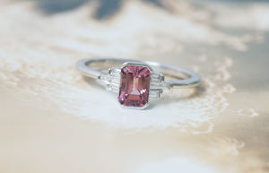 emerald cut pink tourmaline engagement ring