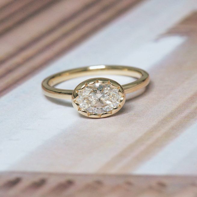 Horizontally Set Oval Engagement Ring Bezel Design