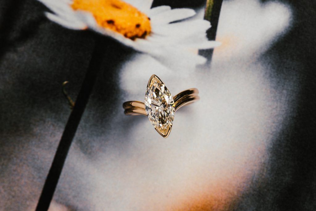 Custom vs Ready-Made Engagement - marquise lab diamond engagement ring, double, half bezel, yellow gold