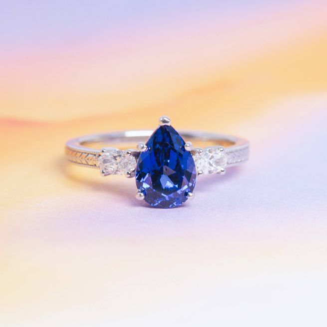 Lab Grown Blue Sapphire Pear Sapphire Engagement Ring