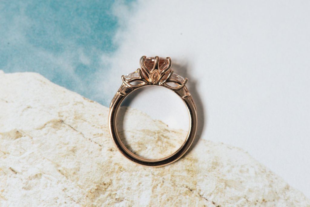 Custom vs Ready-Made Engagement Rings - petal prong three stone engagement ring, morganite centre