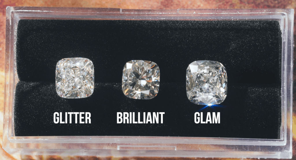 cushion cut diamonds_glitter vs brilliant vs glam