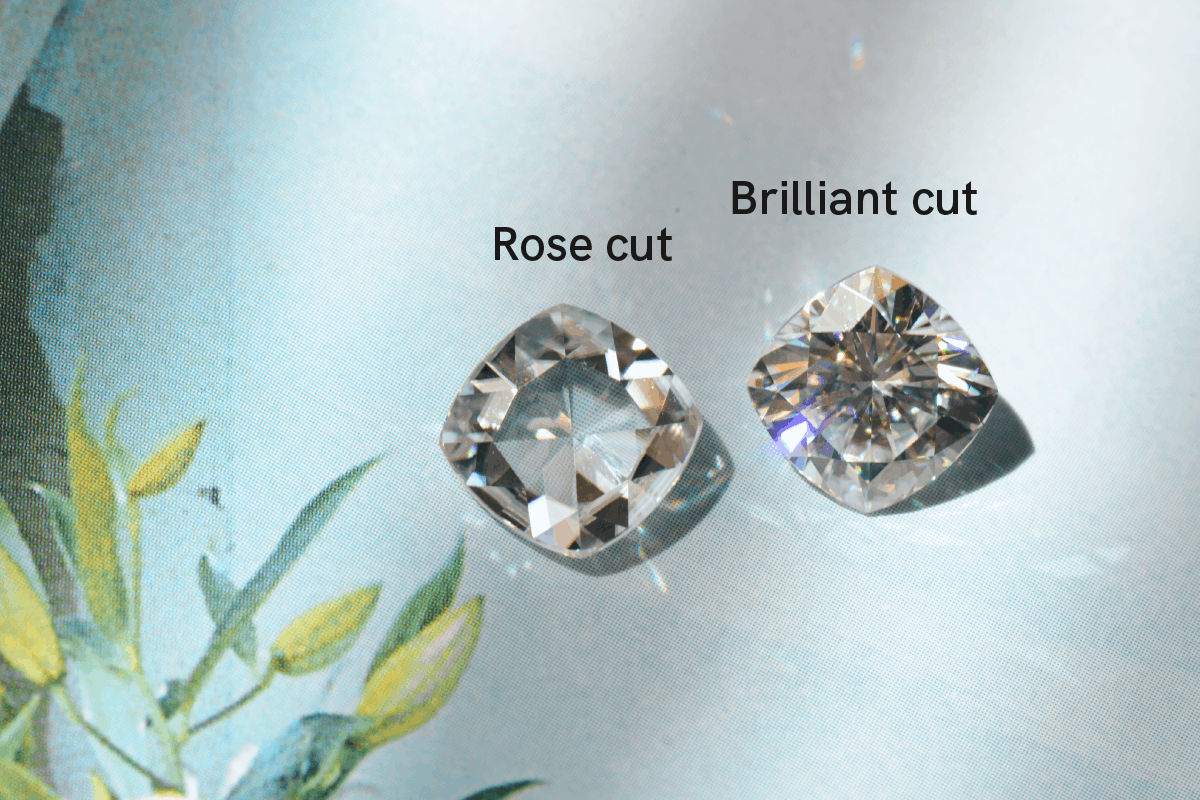 rose cut and brilliant cut cushion moissanite