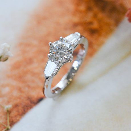 Round 3-Stone Engagement Ring With Tapered Step-Cut Bullet Side Stones-profile