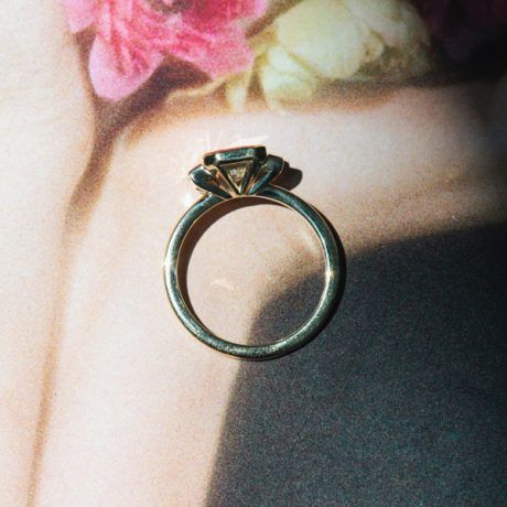 Bezel Set 3-Stone Emerald-Cut Engagement Ring Profile
