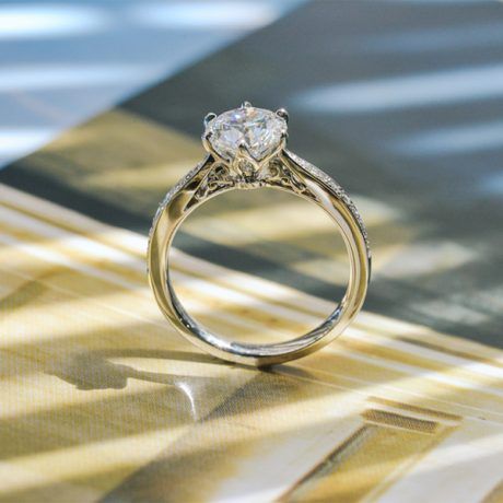 Vintage Inspired Petal Prong Round Engagement Ring profile