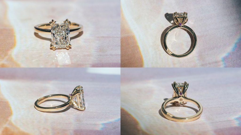 4 angles of a radiant cut lab-grown diamond engagement ring