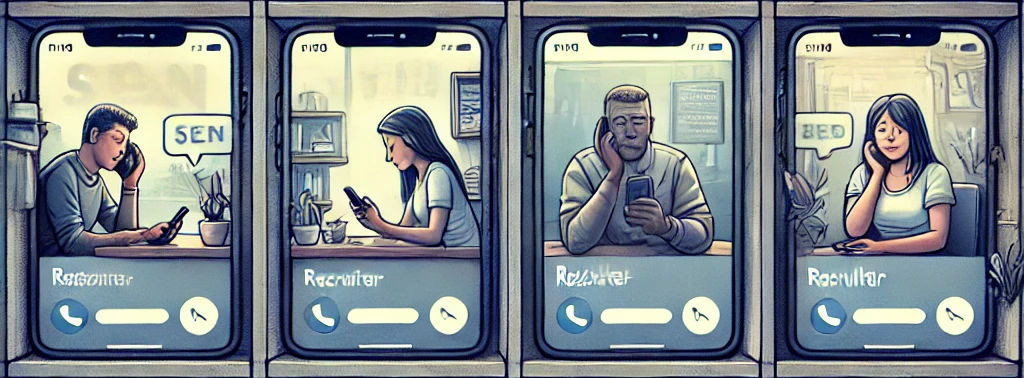 Dall-E generated image of 4 people hopelessly waiting for recruiters to respond