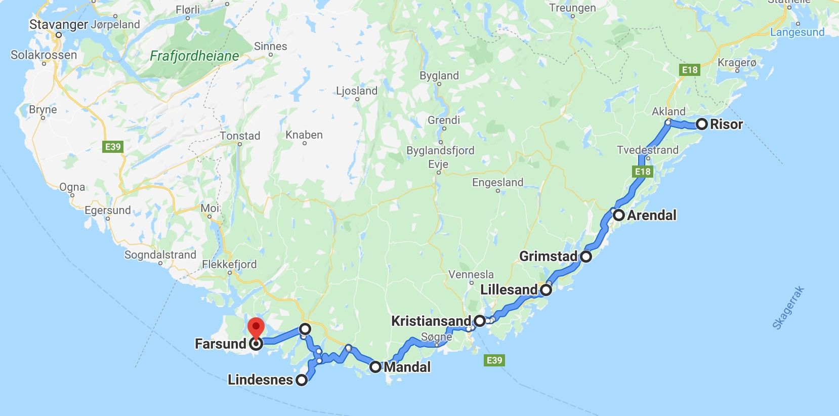 reiserute tegnet opp i google maps