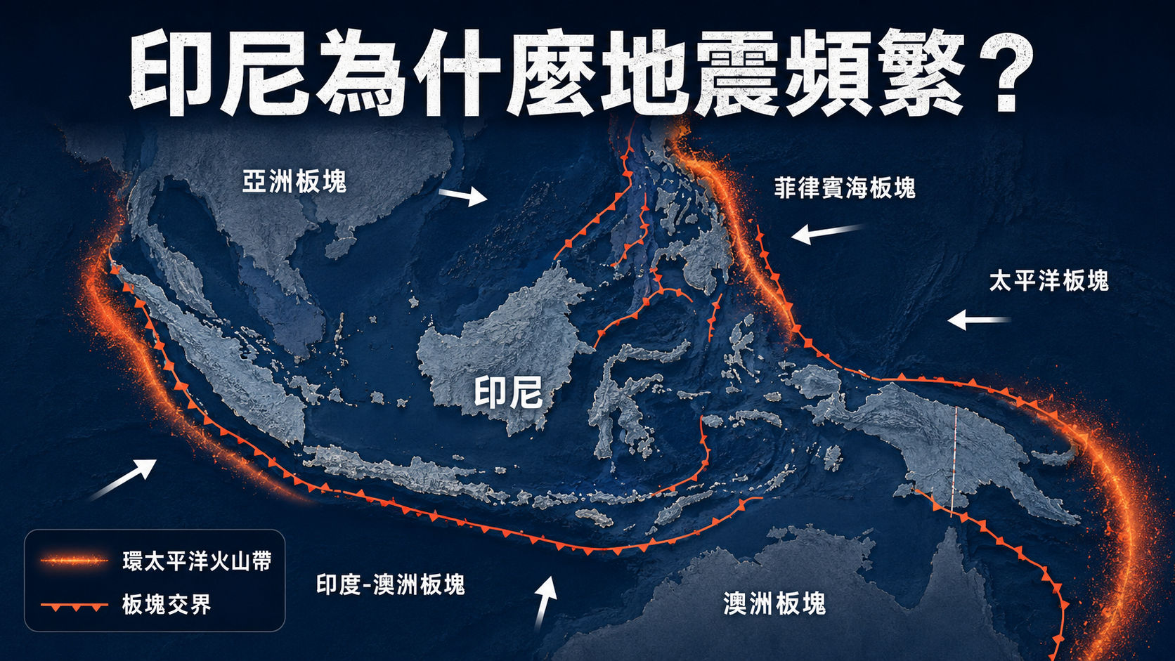 印尼位於環太平洋火山帶與多個板塊交界示意圖