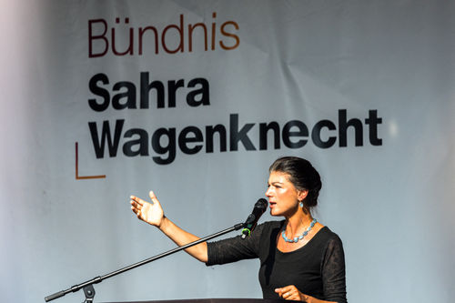 CORRECTION / Leader of left-wing Sahra Wagenknecht Alliance (BSW) Sahra Wagenknecht  
addresses an election campaign rally in Altenburg, Thuringia, eastern Germany, on August 20, 2024, ahead of the state election in Thuringia being held on September 1, 2024.