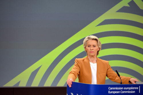 European Commission President Ursula von der Leyen gives a press conference about the future of European Union agriculture at the European Parliament in Brussels on September 4, 2024. (Photo by Nicolas TUCAT / AFP)