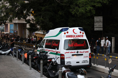 An ambulance rushes wounded people to the American University of Beirut Medical Center, on September 17, 2024, after explosions hit locations in several Hezbollah strongholds around Lebanon amid ongoing cross-border tensions between Israel and Hezbollah fighters.