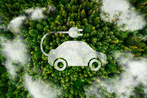 Aerial views of white electric car with sustainable car symbol. Graphic.