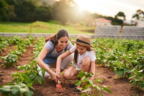 Frau und Kind arbeiten auf einer Farm