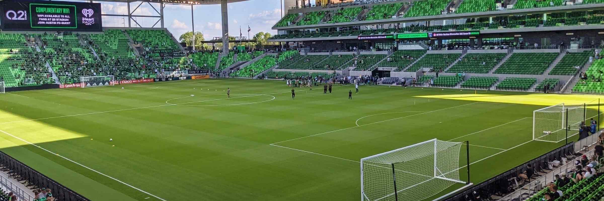 Austin Texas USA, July 29, 2023: Fans stay mostly in the shade under the  overhang at Austin's Q2 Stadium as they await the start of a match between  Austin FC and FC