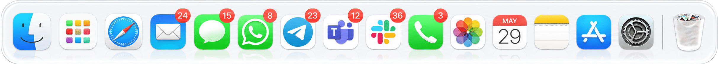 macOS dock crowded with business application icons