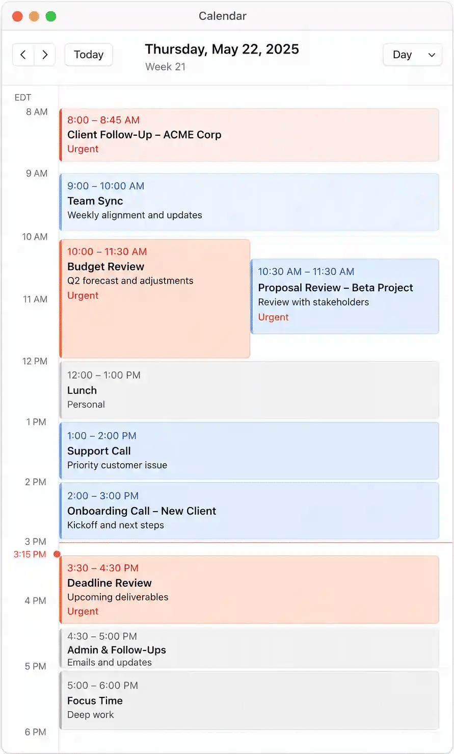 Calendar app showing a packed day of meetings and deadlines
