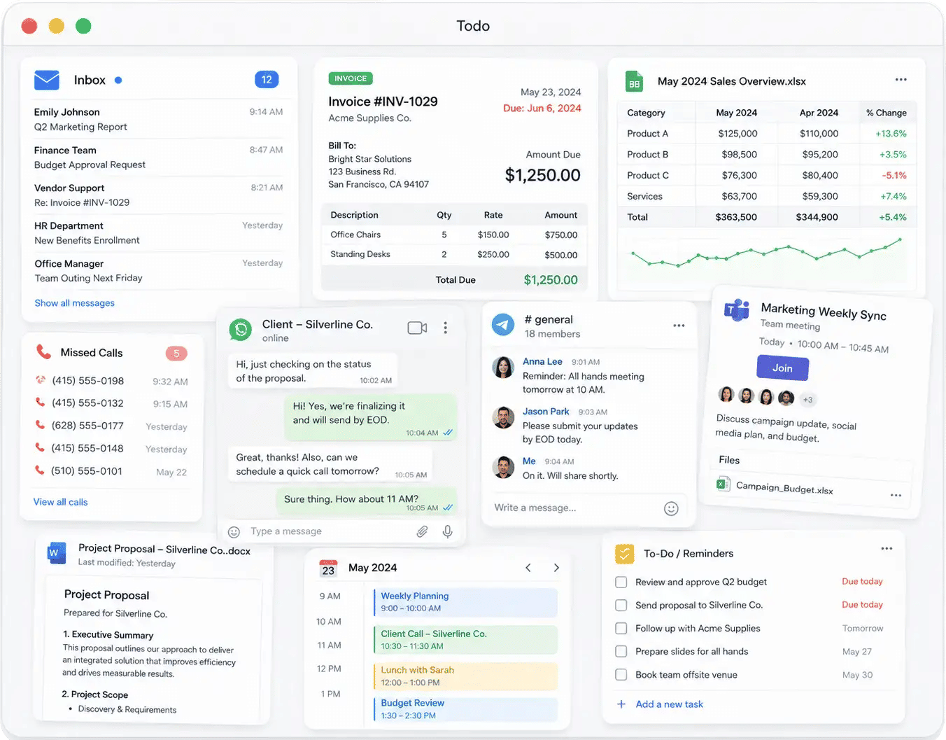 Todo dashboard with inbox, invoices, chats, and calendar widgets