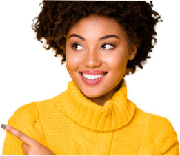 A lady wearing yellow and pointing to the left