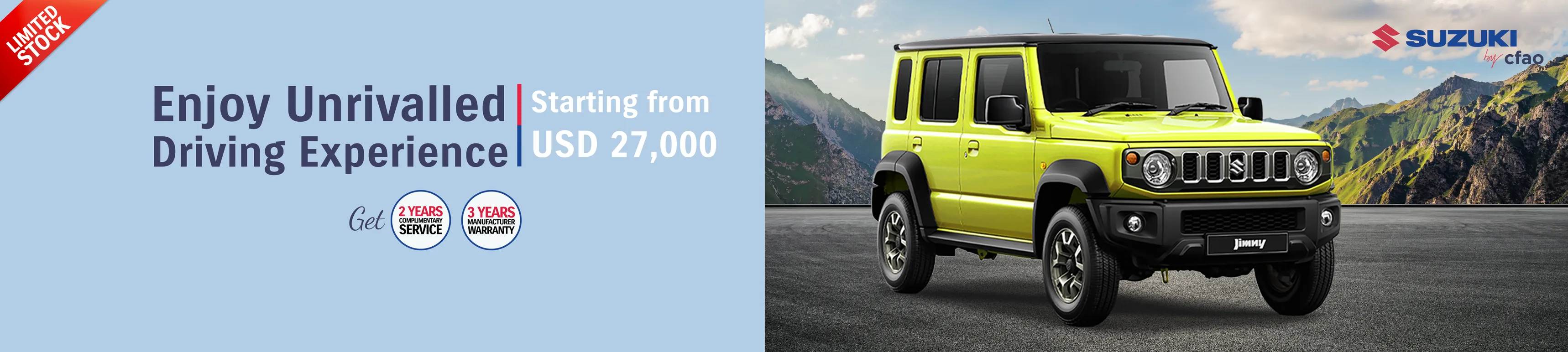 Limited stock — Enjoy an unrivalled driving experience in the Suzuki Jimny, starting from USD 27,000, with 2 years complimentary service and 3 years manufacturer warranty.