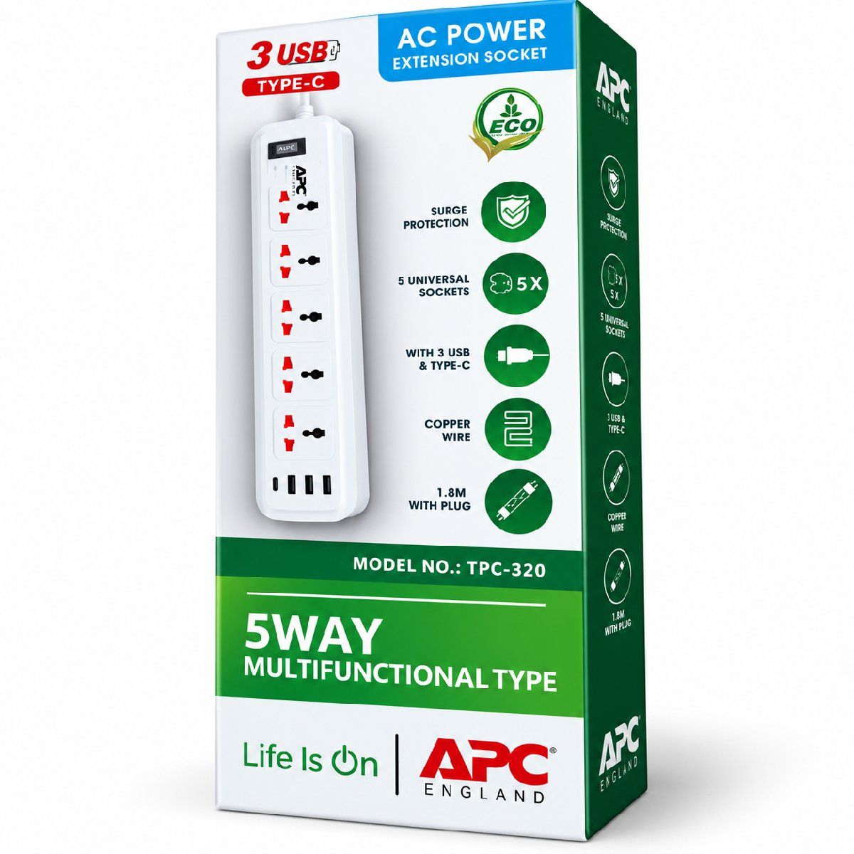 APC SURGE PROTECTOR EXTENSION 5 WAY SOCKET AND 3 USB + TYPE C PORTS