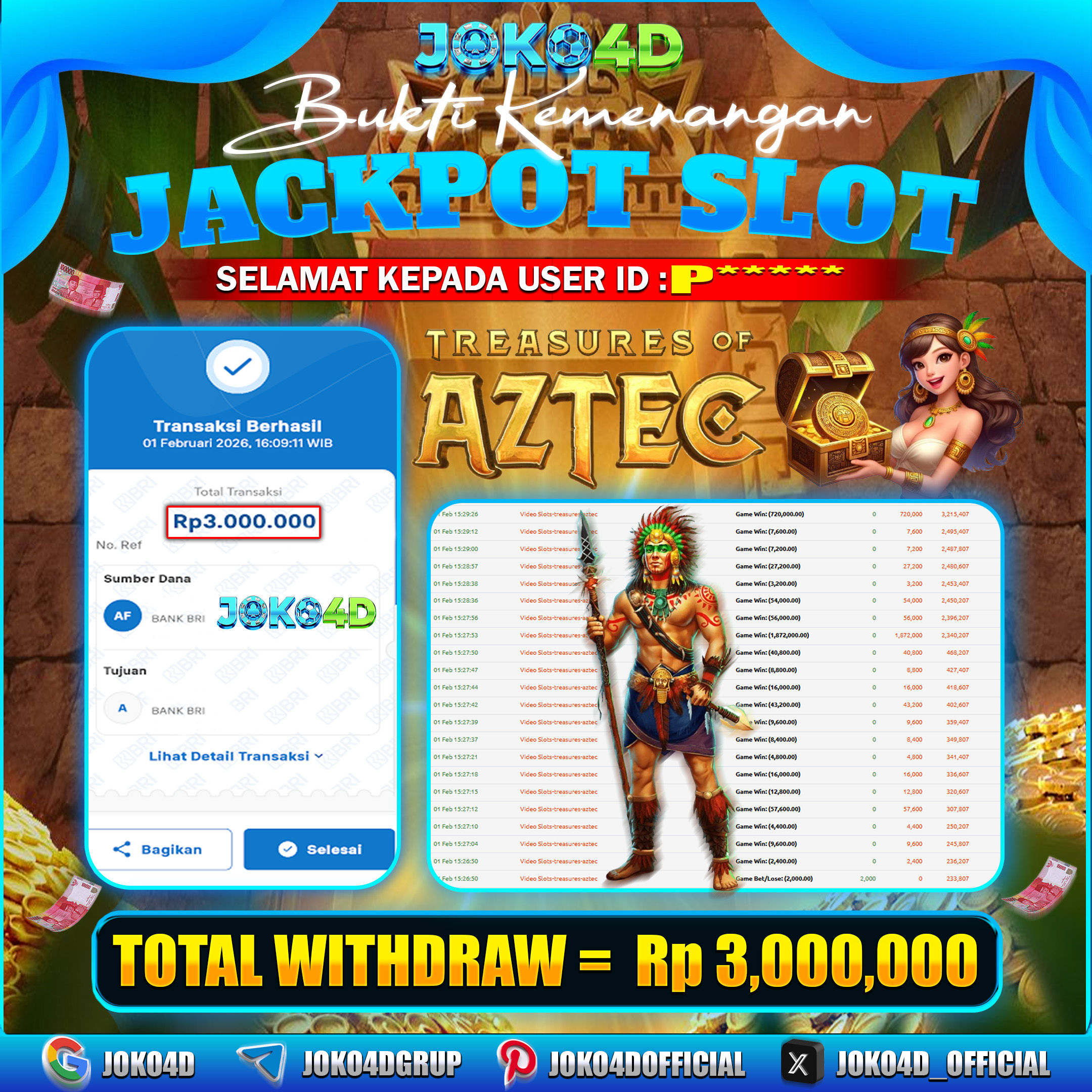 BUKTI KEMENANGAN JACKPOT TREASURES OF AZTEC 01 JANUARI 2026