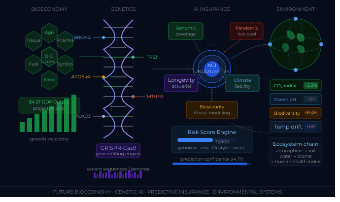 Future bioeconomy genetic technology AI insurance environmental systems concept