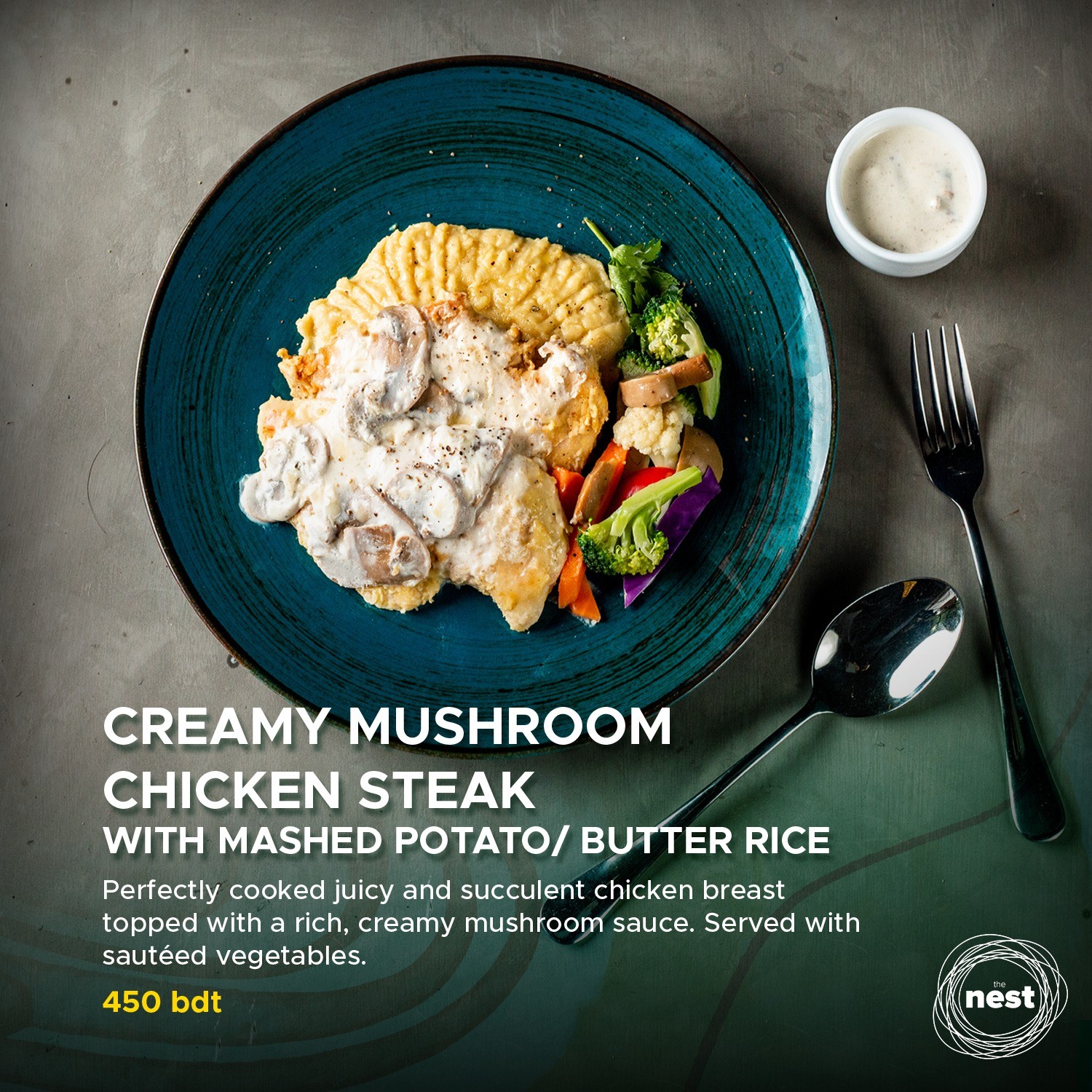 CREAMY MUSHROOM CHICKEN STEAK With Mashed Potato or Butter Rice