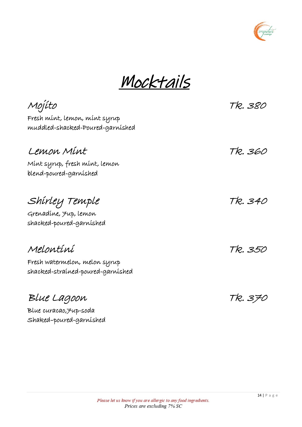 Drinks Menu