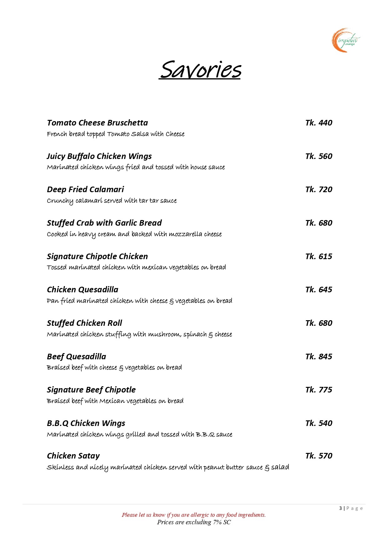 Savories Menu