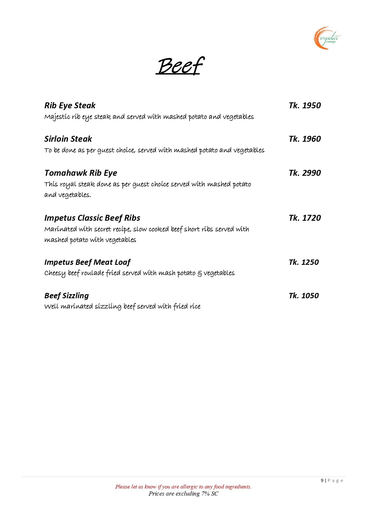 Beef Menu
