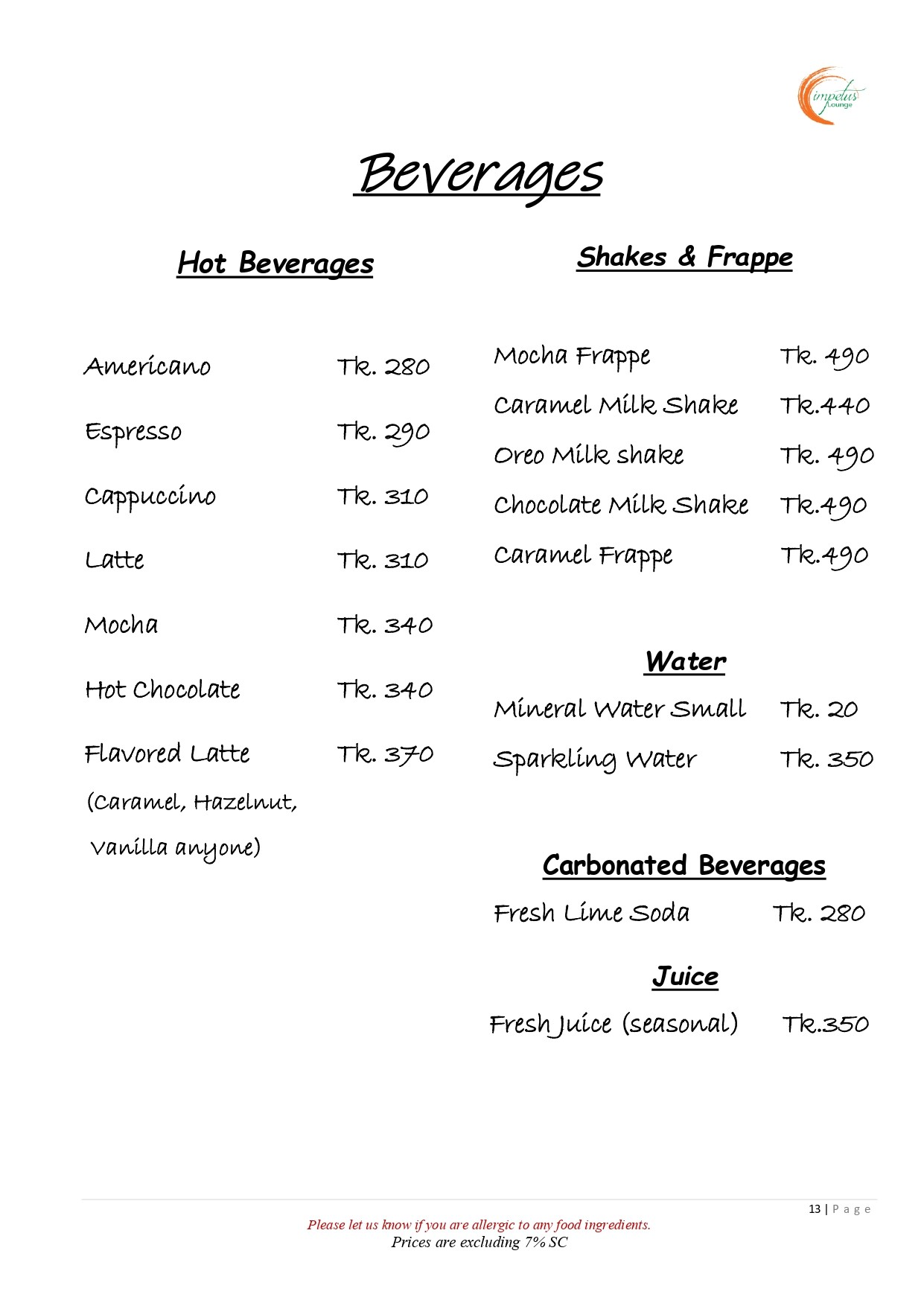 Drinks Menu