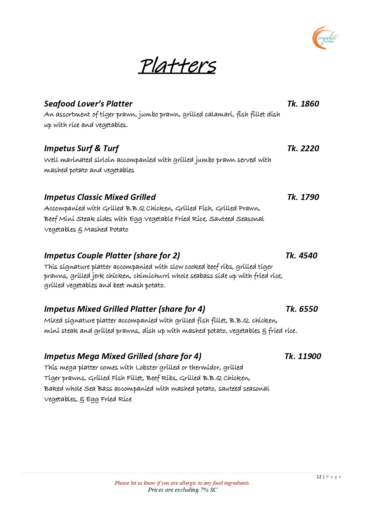 Platter Menu