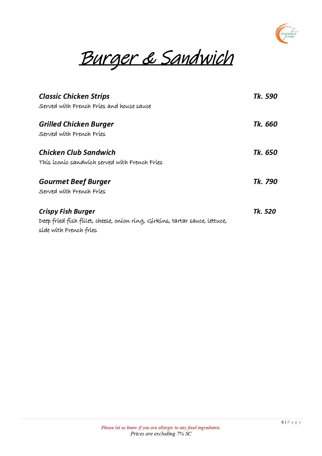 Burger & Sandwich Menu
